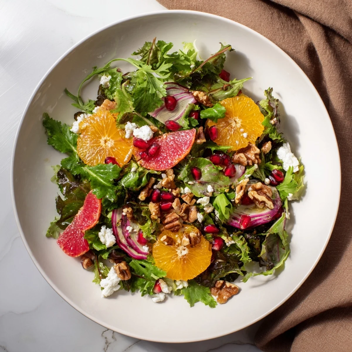 Winter greens salad with bright citrus, ruby pomegranate seeds and toasted nuts, ready to enjoy.