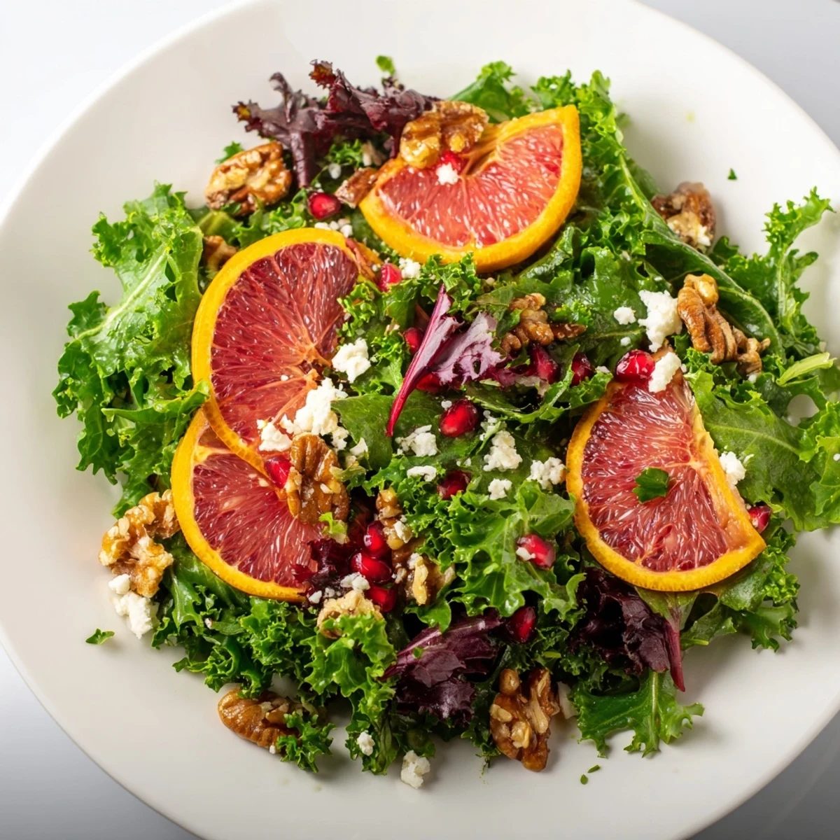 Fresh, colorful winter greens salad with juicy citrus and crunchy toasted nuts, a lovely meal.