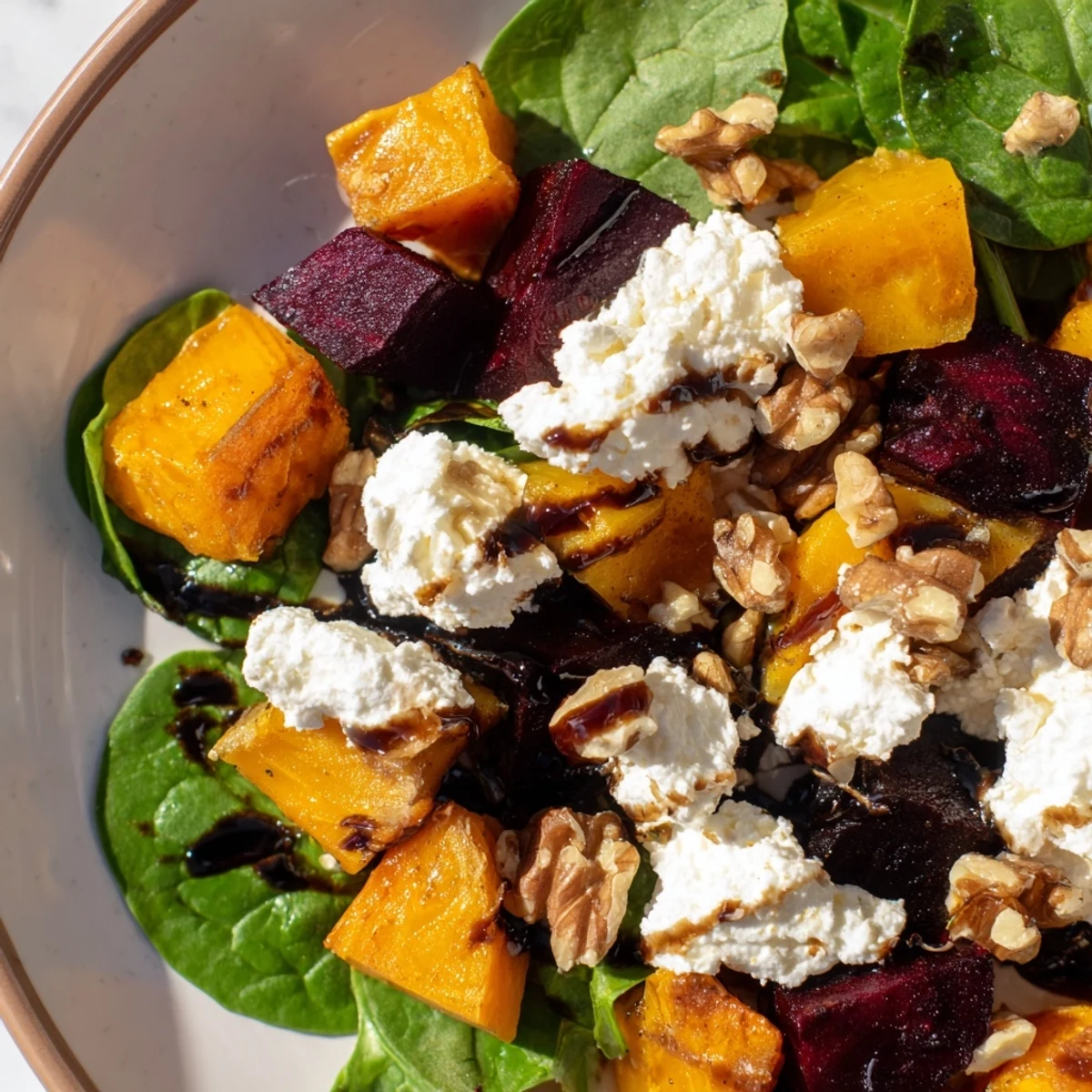 A delicious mix of textures and flavors in this roasted beet, butternut, and spinach salad.