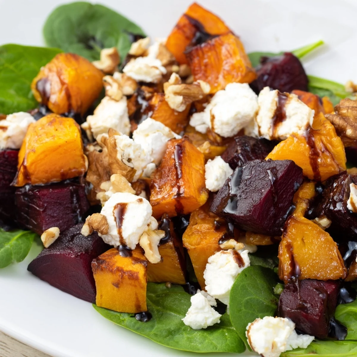 Enjoy this colorful salad featuring roasted beet, butternut squash, and tangy balsamic vinaigrette.