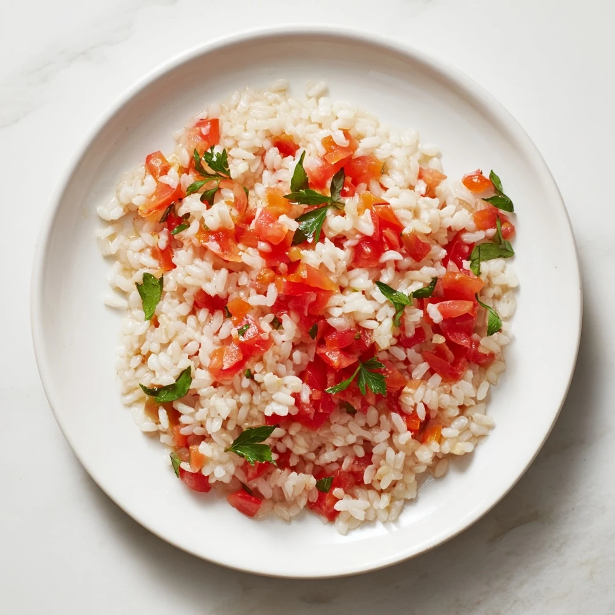 A comforting close-up showing the finished Tomato-Rice Skillet Dinner, perfect for a quick, vegetarian dinner.