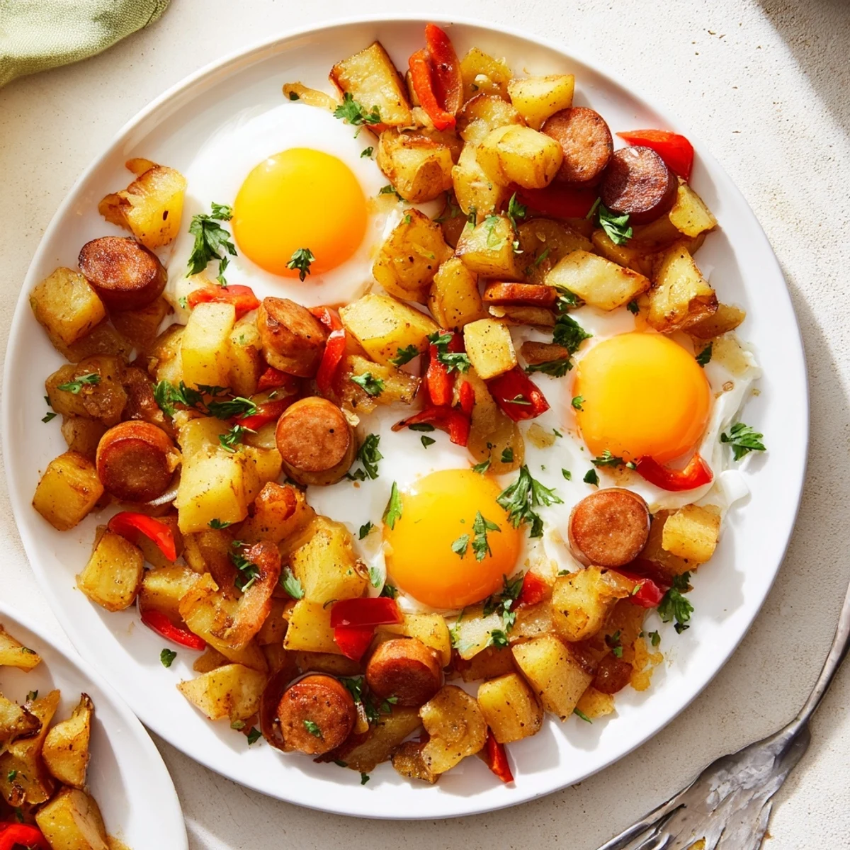 Golden-brown Egg & Potato Hash with hearty hot dogs, ready for a comforting breakfast or brunch.