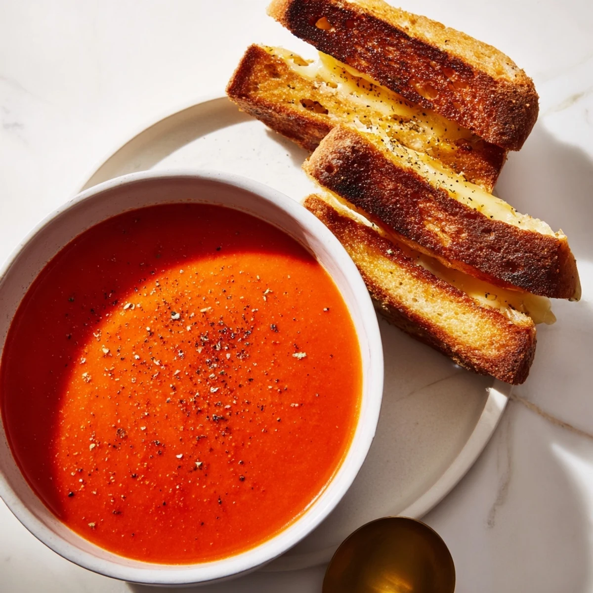 Steaming bowl of 5-Ingredient Tomato Soup and Grilled Cheese, a perfectly comforting, classic American meal.