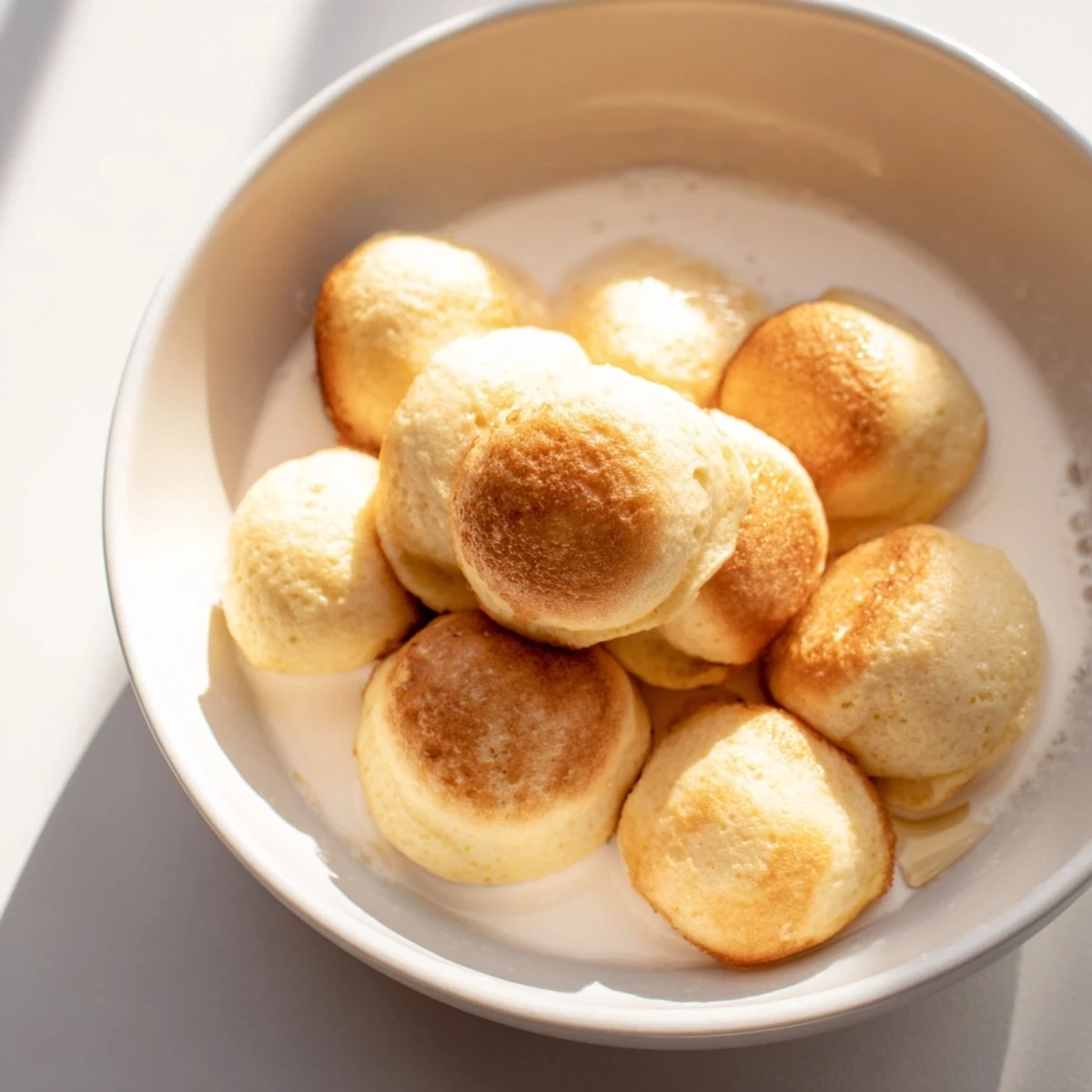Close-up of freshly cooked pancake cereal, offering perfectly sized, golden brown breakfast bites.