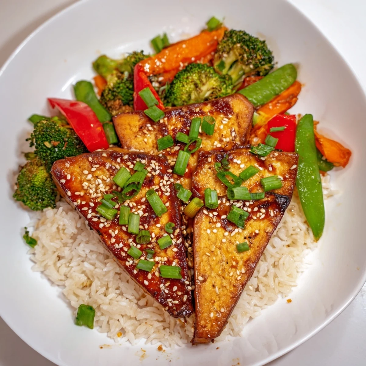 Enjoy a complete meal: warm rice under flavorful Pressed Tofu Steaks and a quick veggie medley.