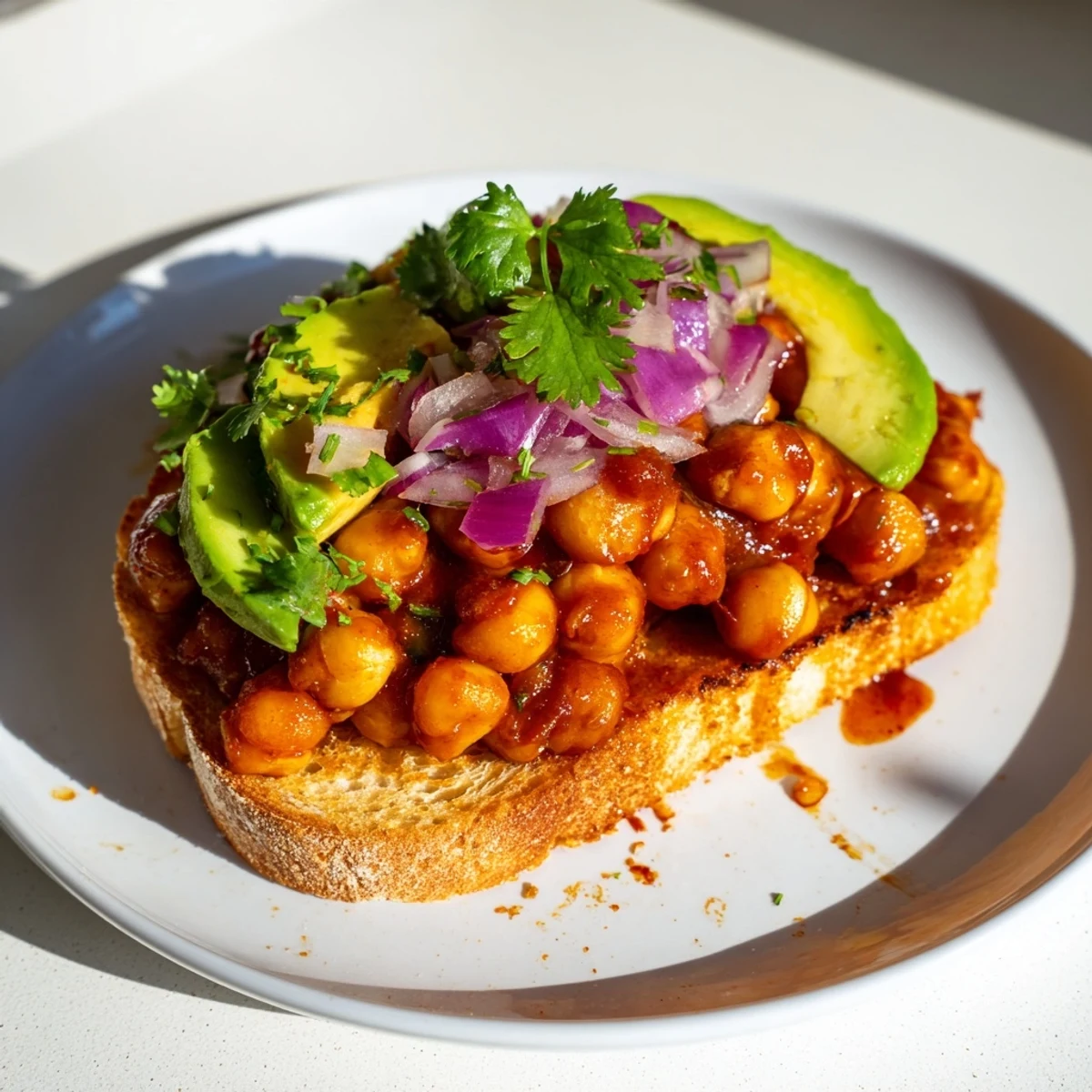 Golden-brown toast holds a generous portion of smoky BBQ chickpeas, a flavorful vegan lunch.