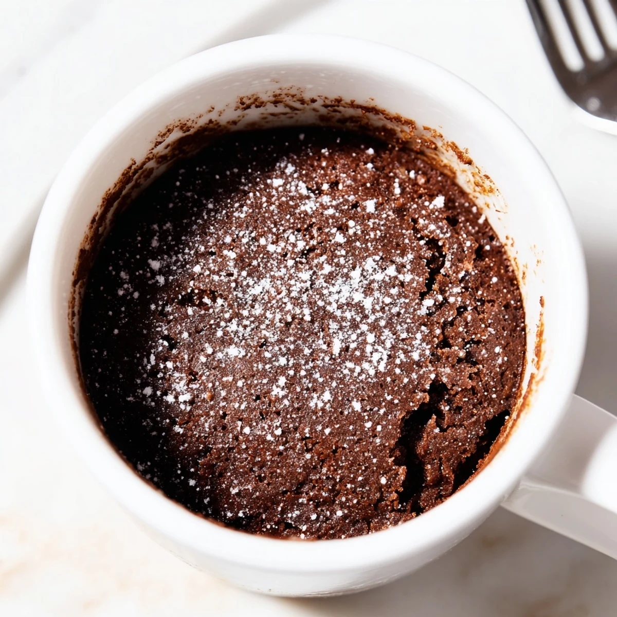 A fluffy chocolate microwave mug cake, served warm in a mug, perfect for a fast treat or snack.