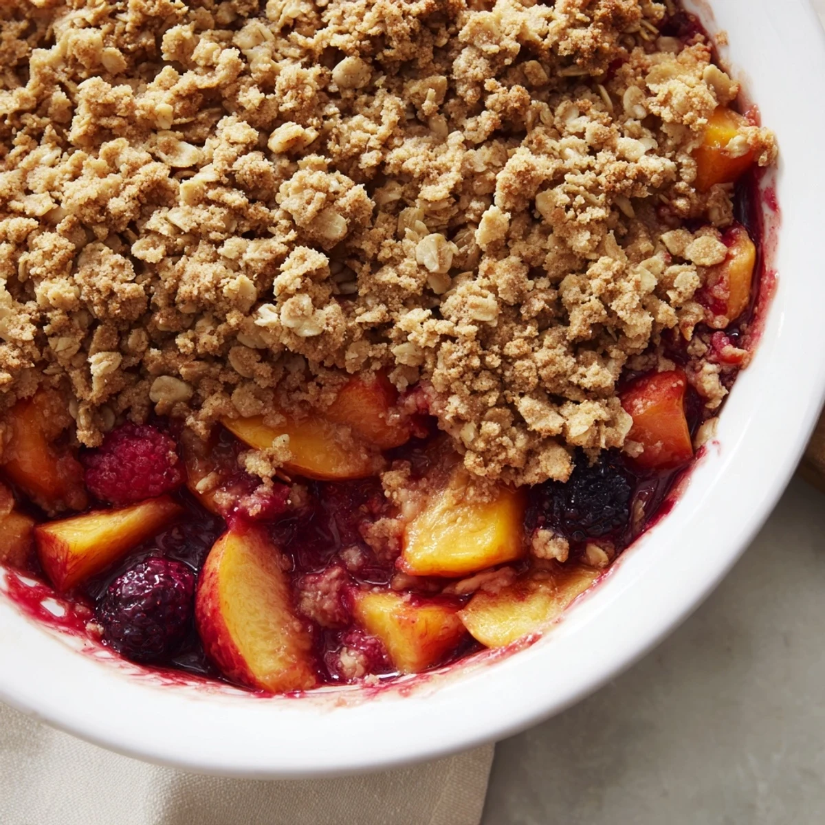 Golden, bubbly fruit crisp with a warm oat topping, filled with sweet, juicy frozen fruit.