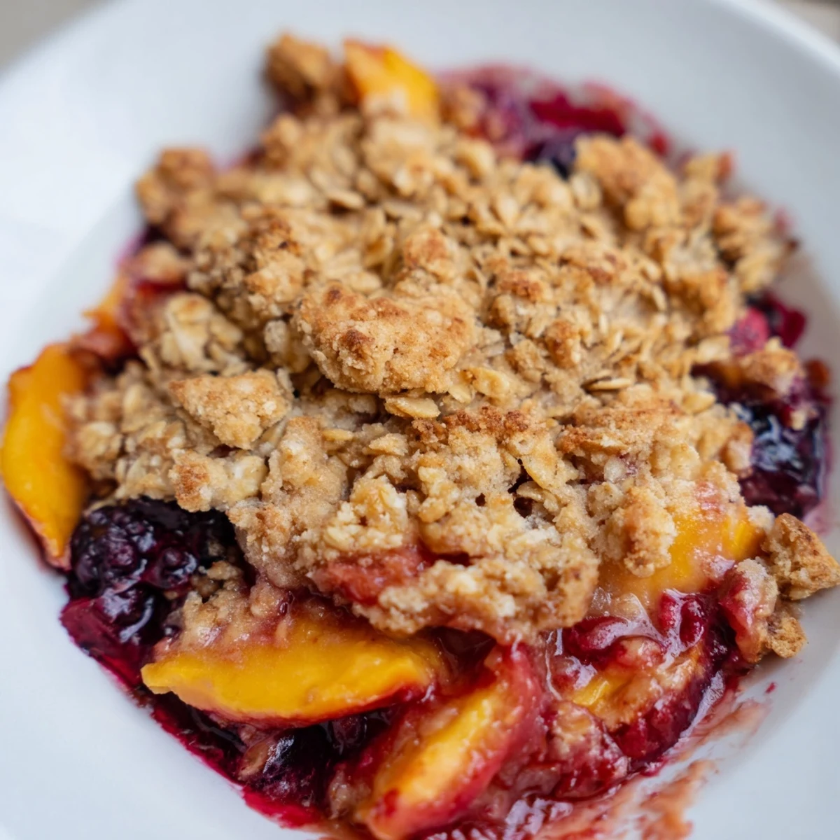 A delicious serving of fruit crisp featuring a bubbling fruit filling, ready for easy enjoyment.