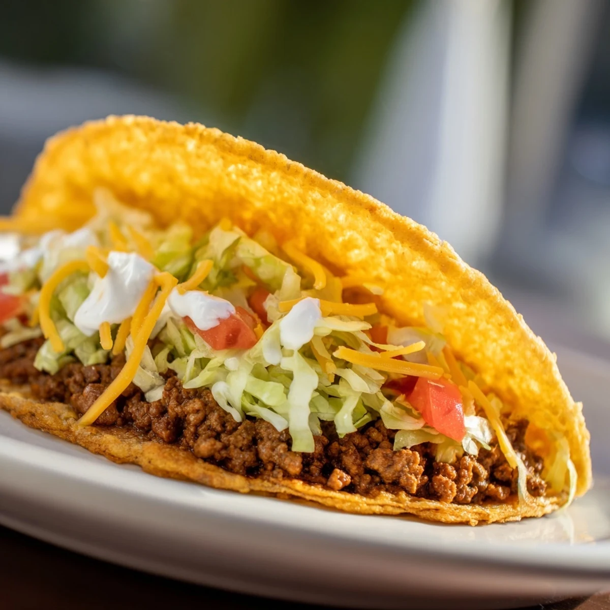 A close-up of a loaded Cheesy Gordita Crunch taco, perfectly showcasing the crunchy shell and fillings.