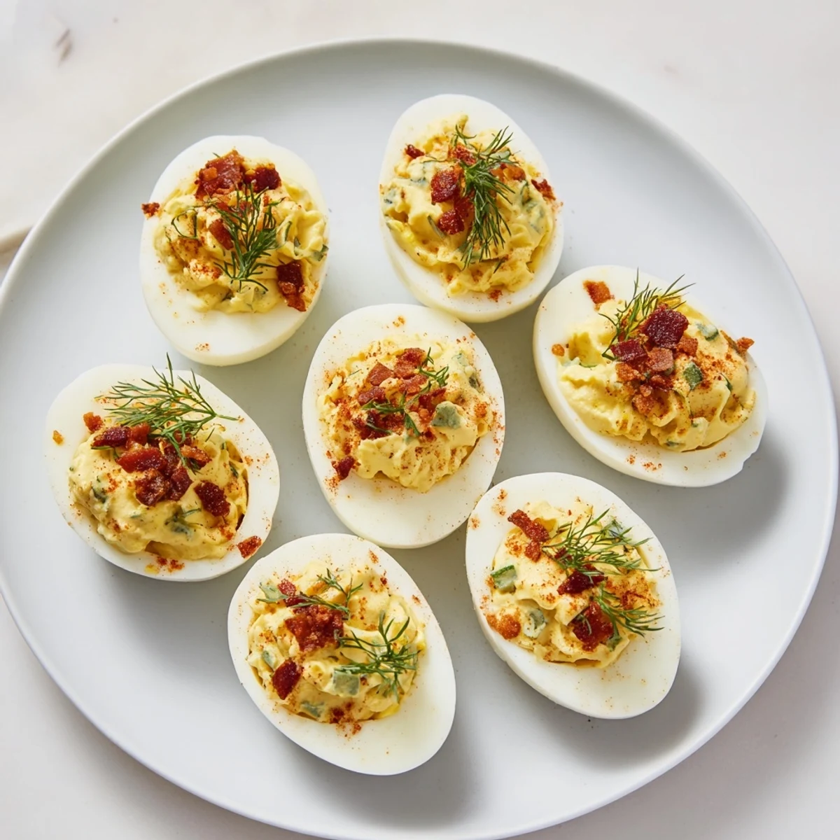 Savory loaded deviled eggs, topped with smoked paprika, perfect for a party appetizer.