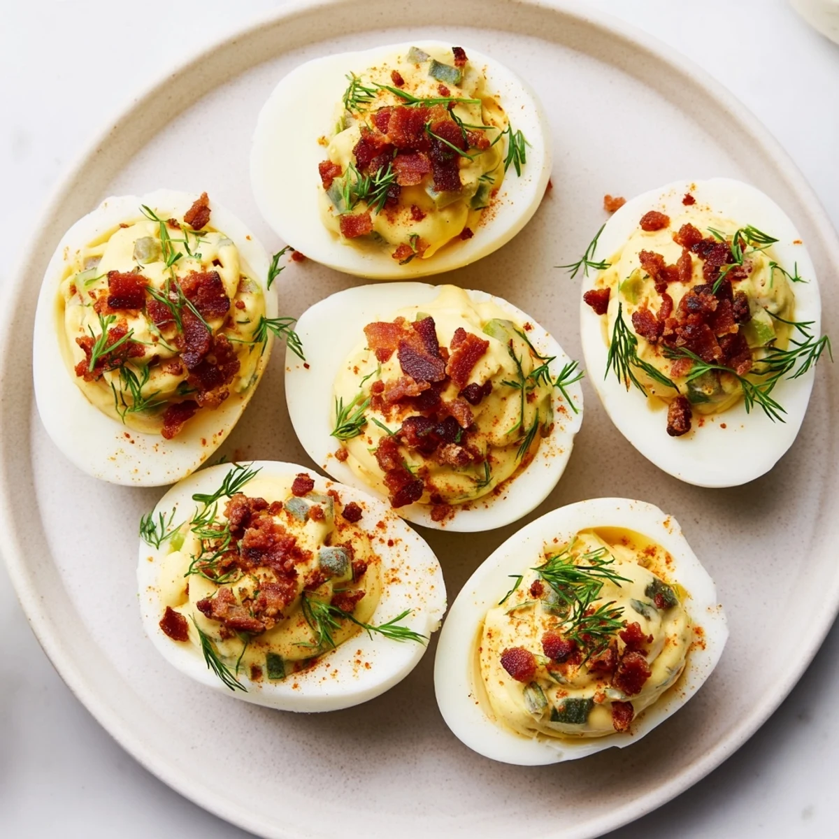 Creamy loaded deviled eggs with crumbled bacon and fresh dill, a delicious party favorite.