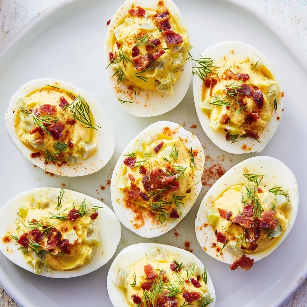 Beautiful shot of loaded deviled eggs, with paprika on top, ready to serve and enjoy.