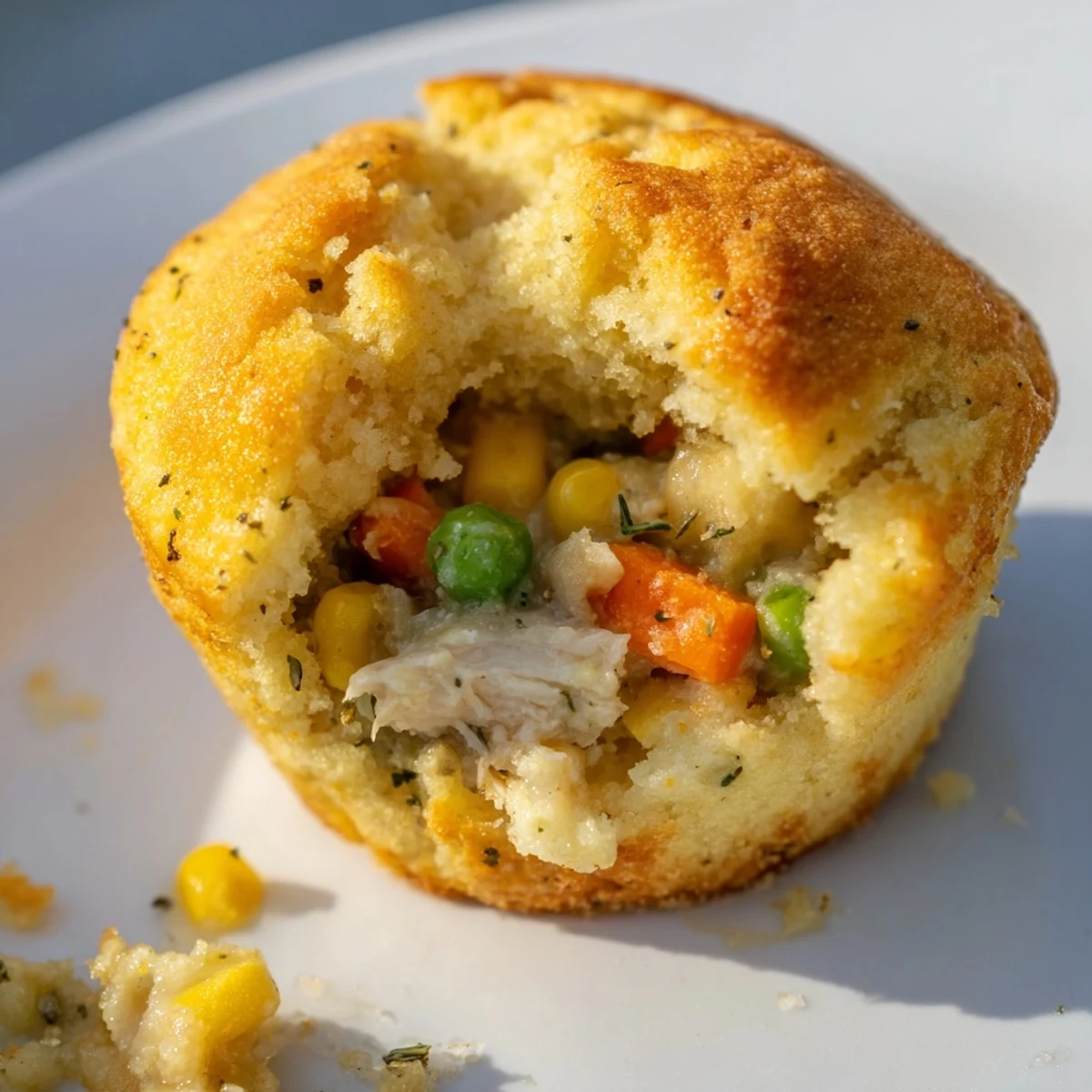 Golden baked Mini Chicken Pot Pie Cornbread Muffins, filled with savory chicken and vegetables.