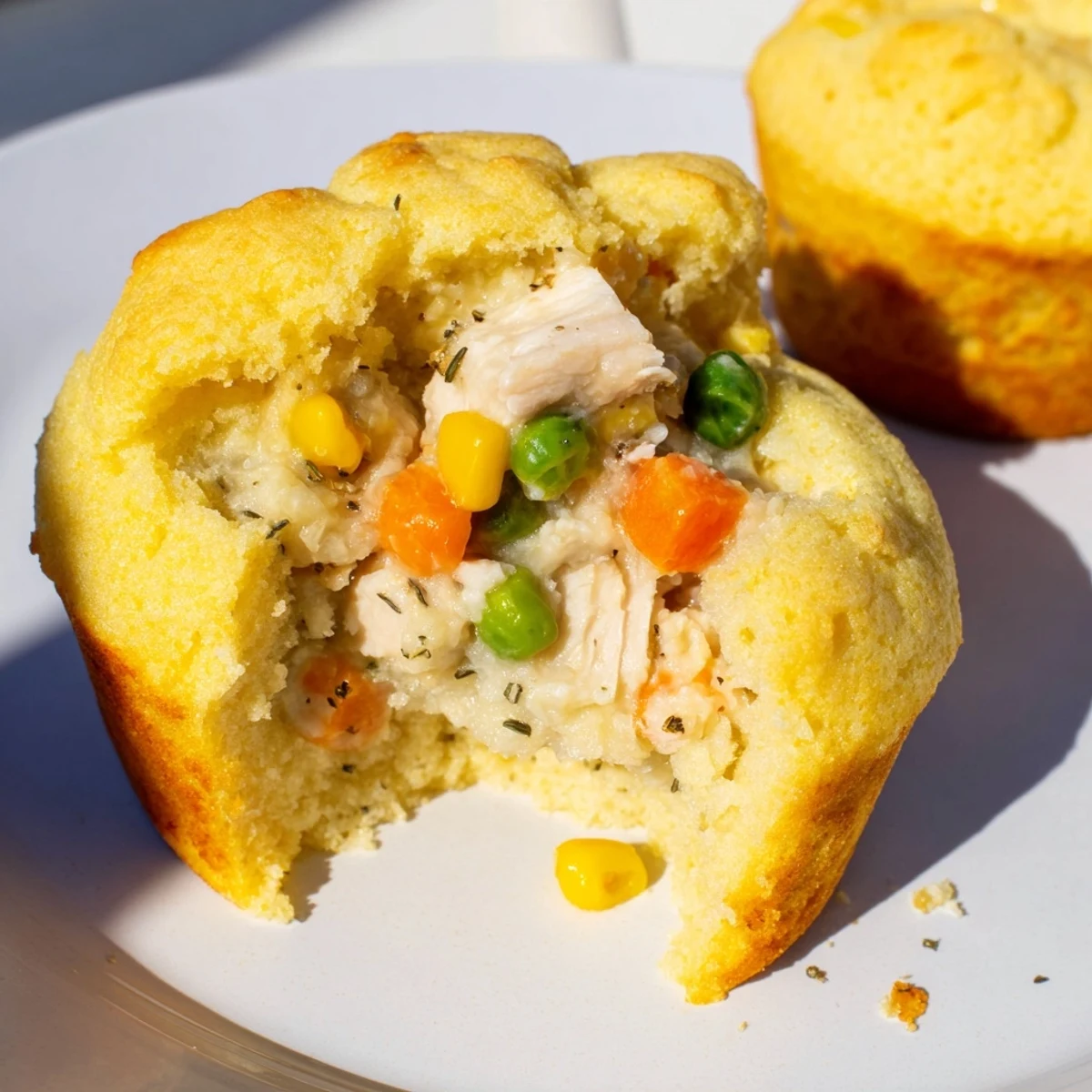 Freshly baked Mini Chicken Pot Pie Cornbread Muffins, showing off their fluffy cornbread crust.