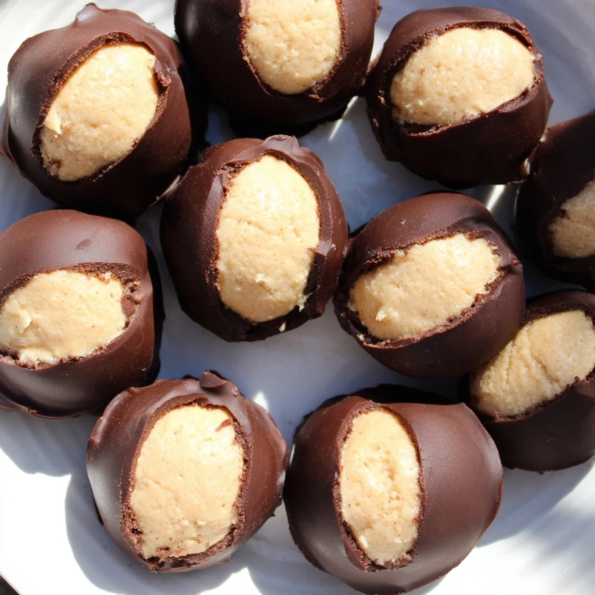 Peanut Butter Buckeyes, partially chocolate-covered, offer a delightful treat with creamy peanut butter centers.