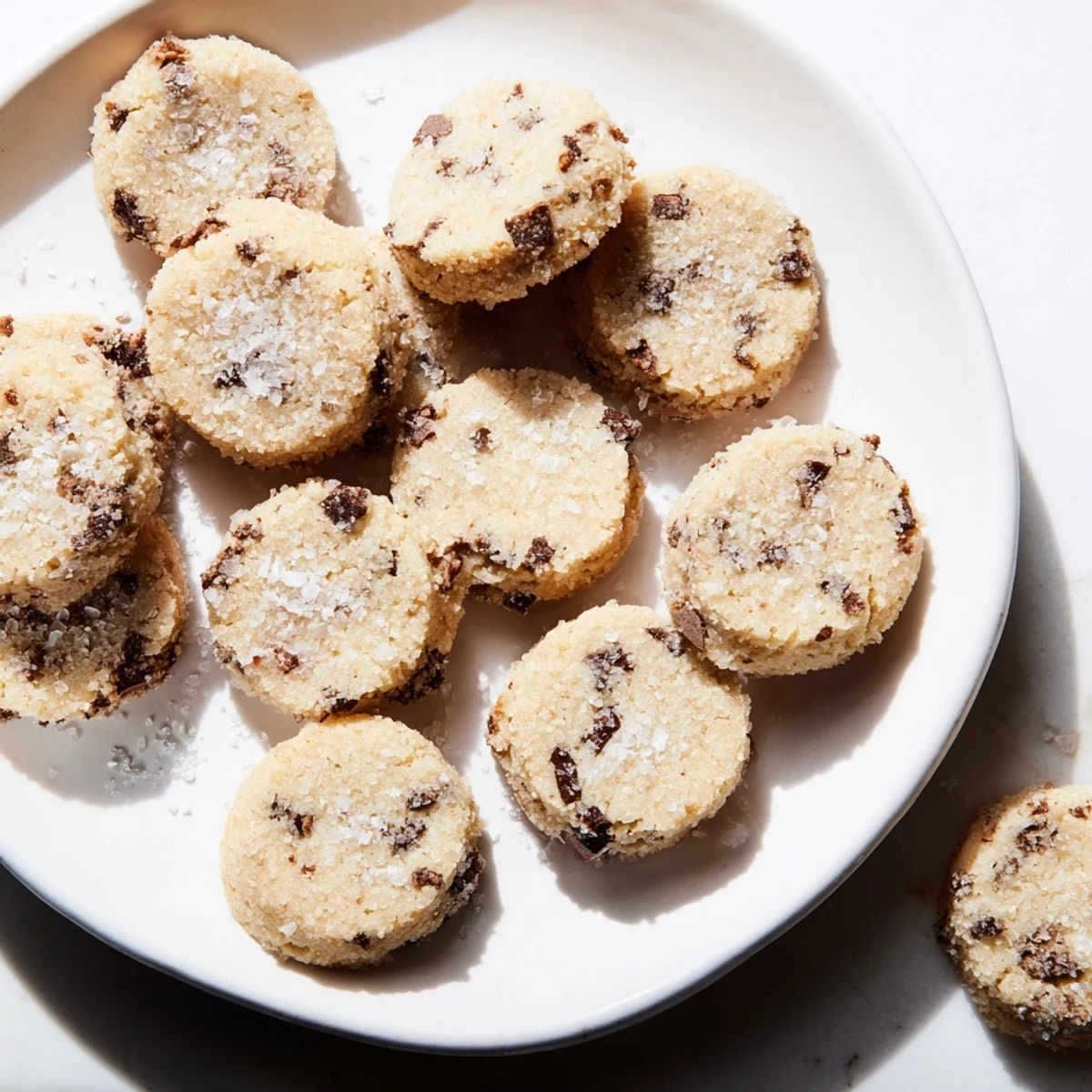 Golden-edged Salted Pistachio Chocolate Chunk Shortbread cookies, showcasing the delightful combination of flavors.