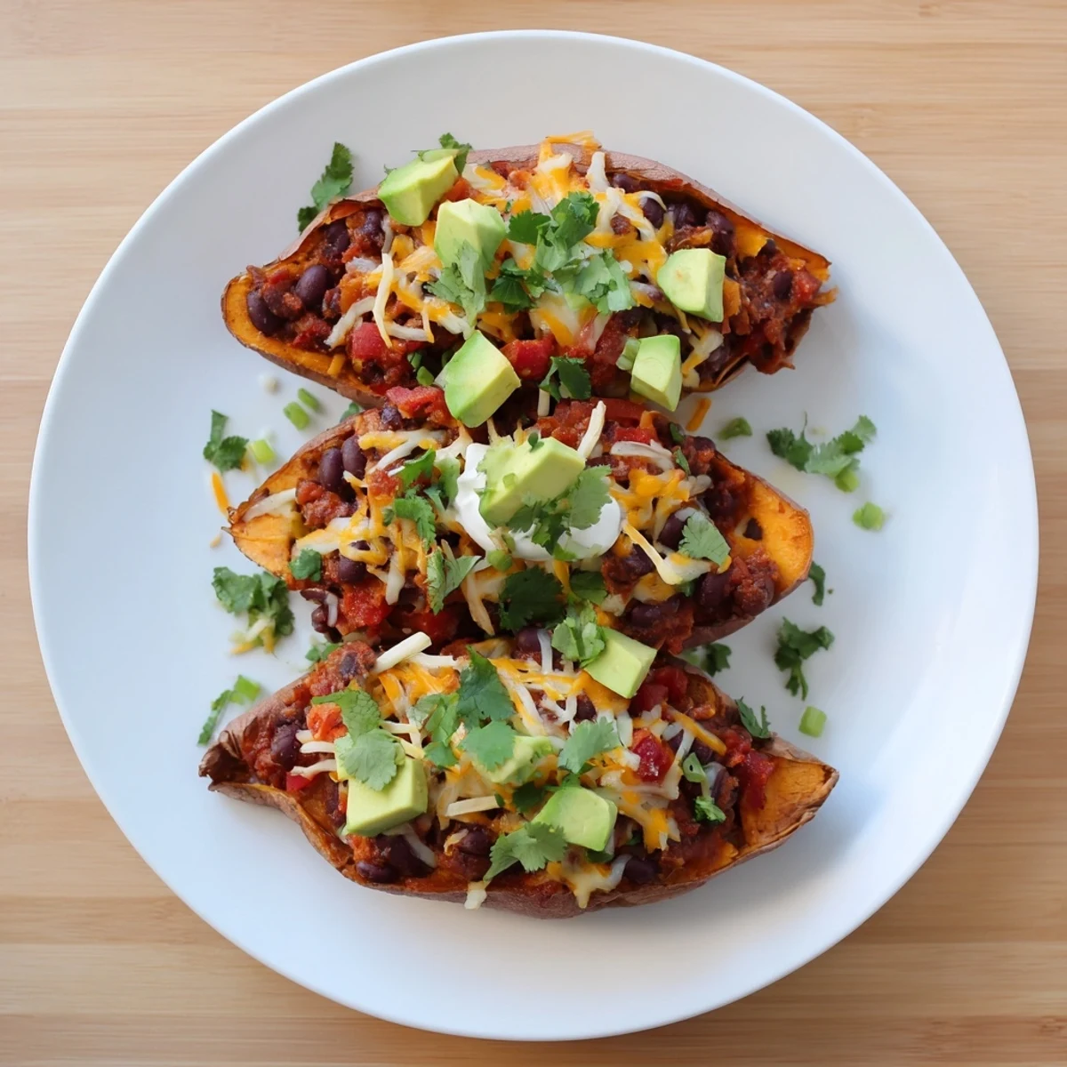 Savory baked sweet potato chili boats, filled with a hearty chili, ready to enjoy with fresh toppings.