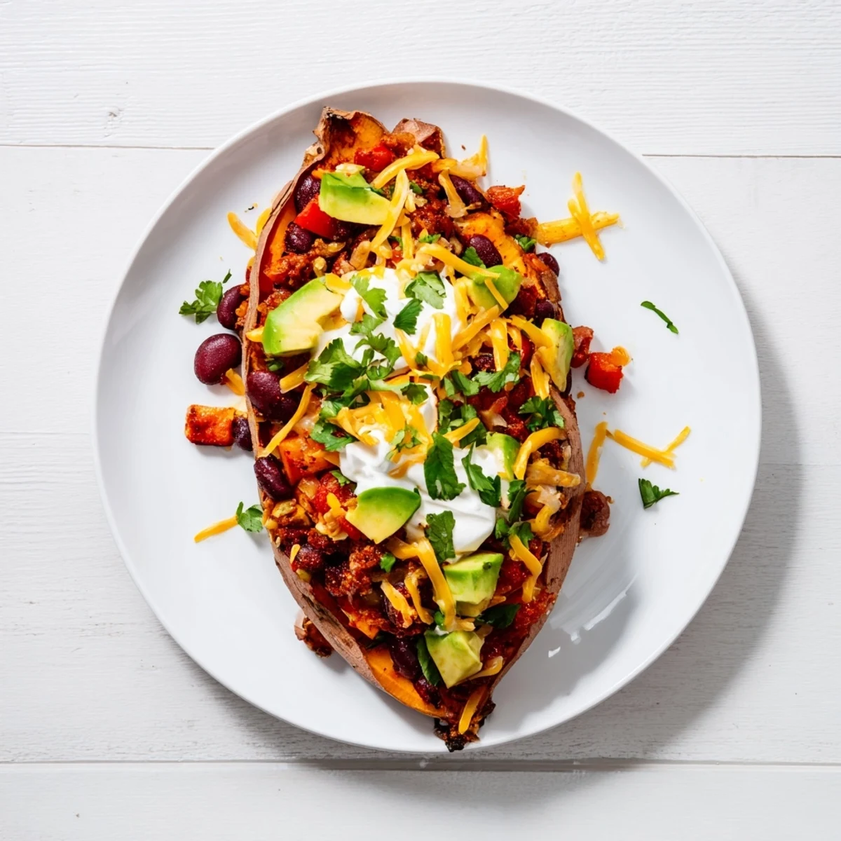 A close-up of delicious sweet potato chili boats, bursting with flavor and colorful toppings.