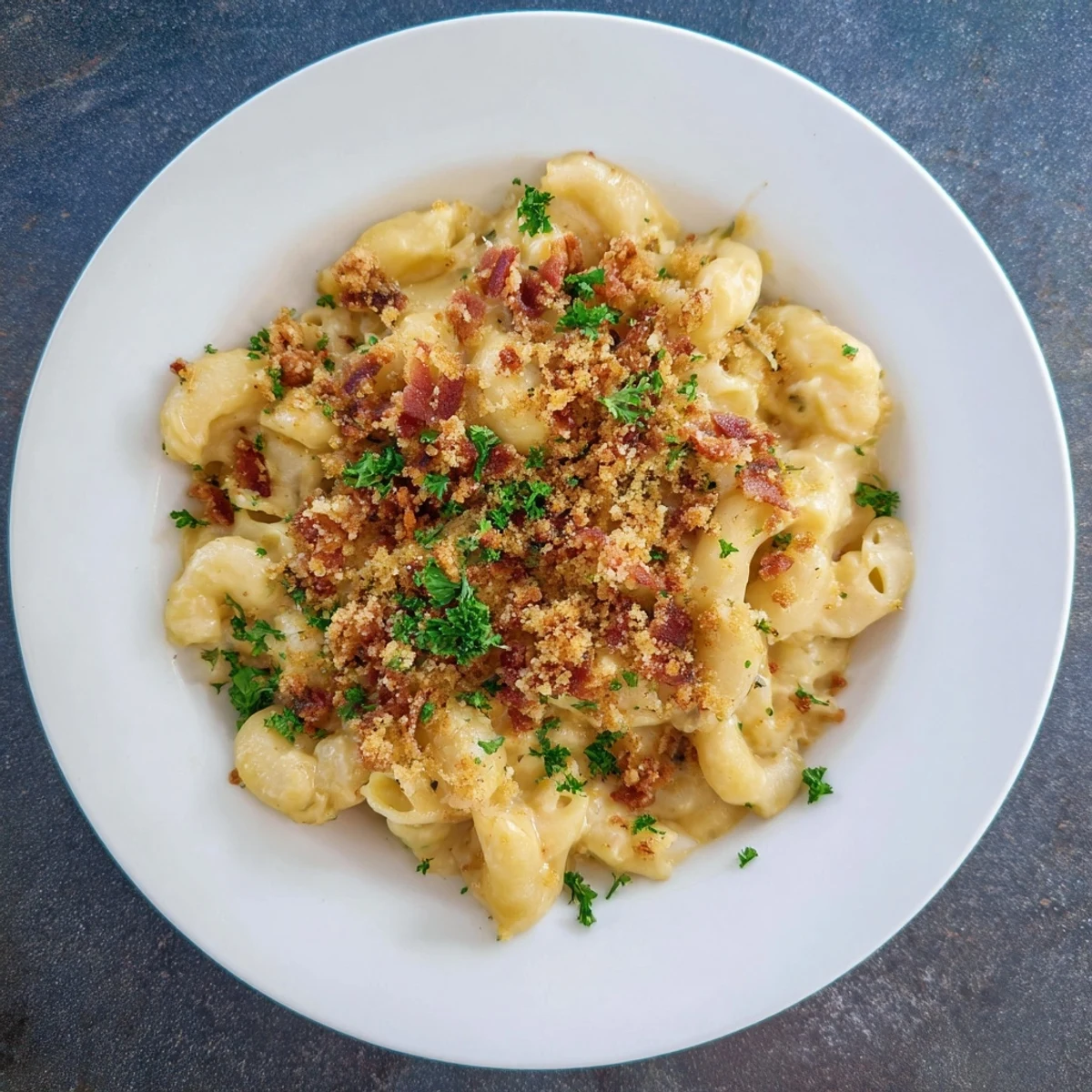 A close-up of a bubbling sheet pan mac and cheese, featuring a golden crust and savory bacon.