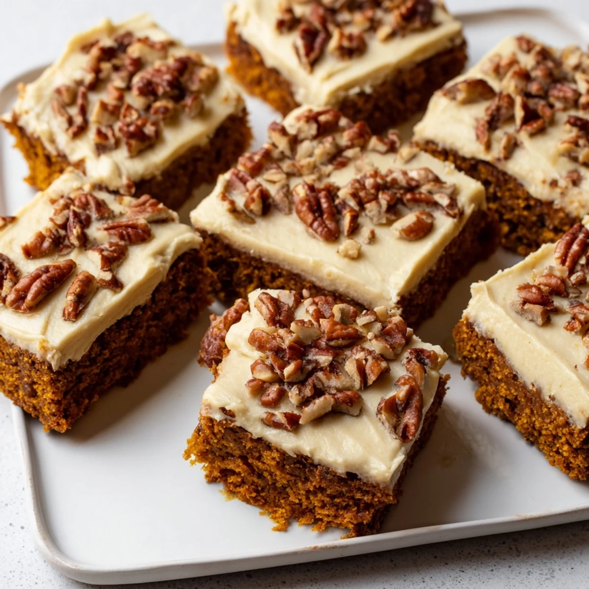 Freshly baked Pumpkin Bars with rich brown sugar frosting, enticingly displayed for dessert.