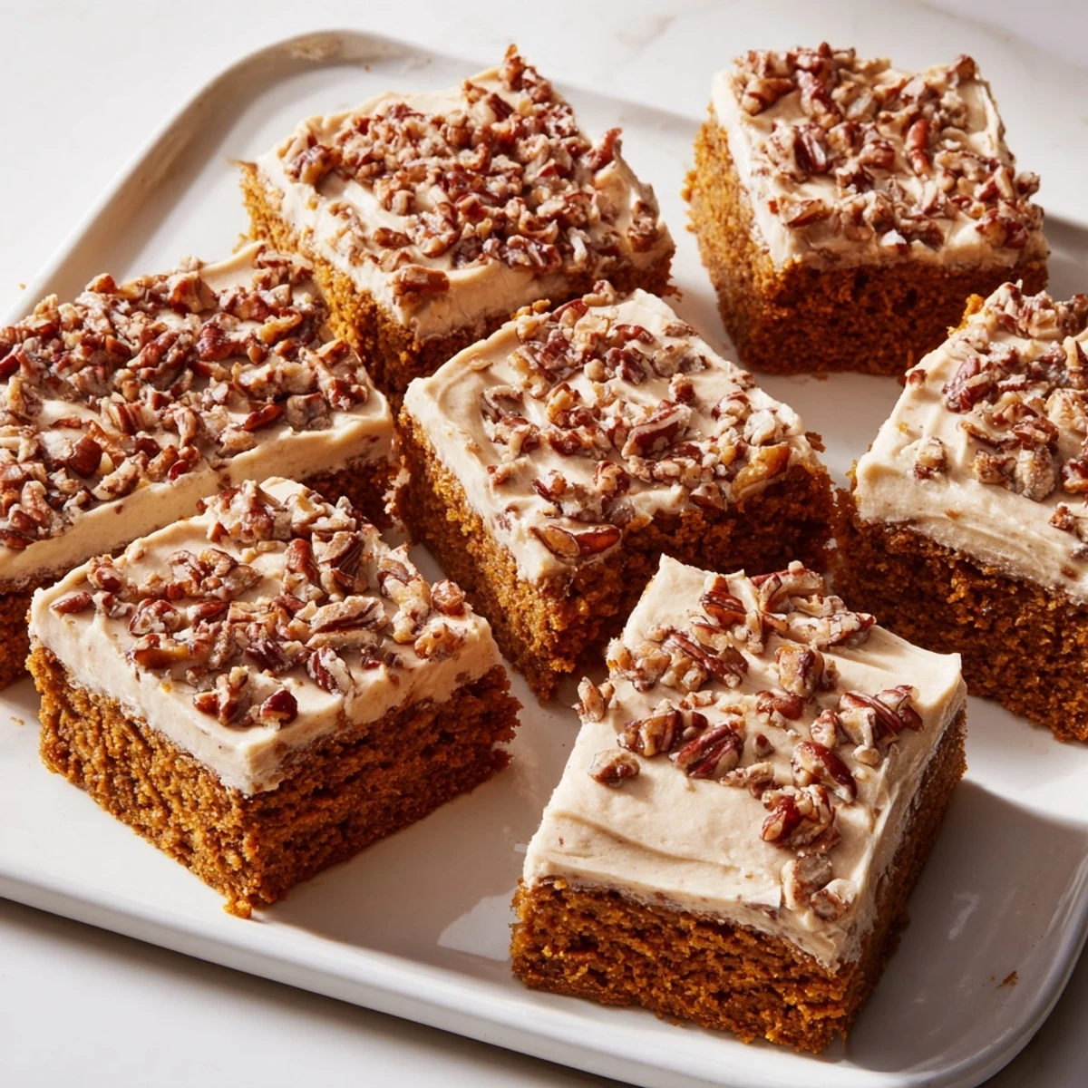 Golden, frosted Pumpkin Bars with a dusting of nuts, ready for a delicious treat.