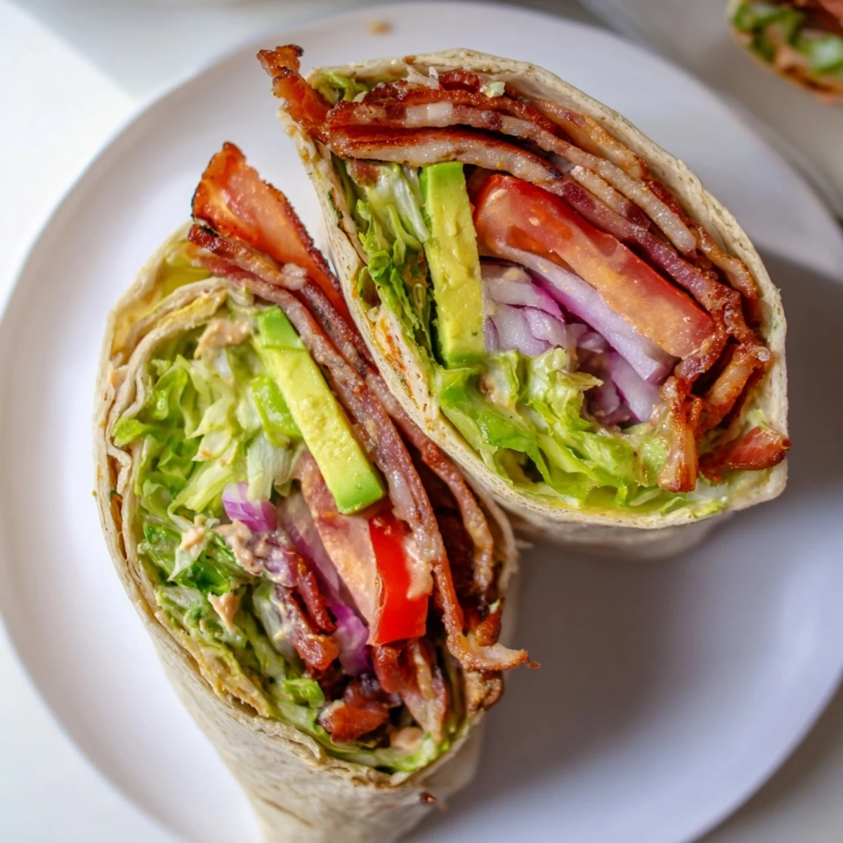 A close-up of vibrant Zesty BLT Wraps shows bacon nestled within a soft, warm tortilla.