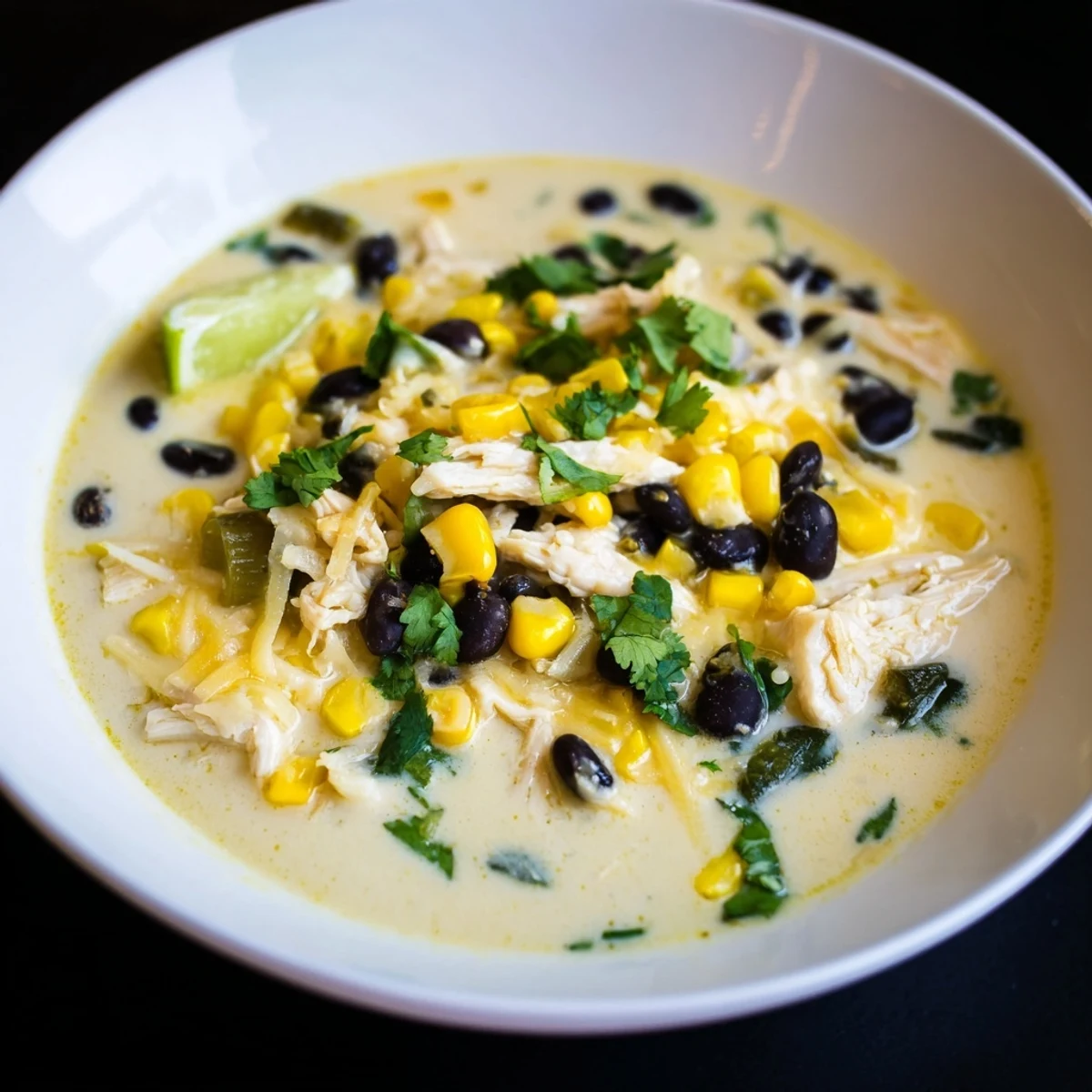A vibrant, creamy bowl of Chicken Poblano Soup, garnished with fresh cilantro, a comforting meal.