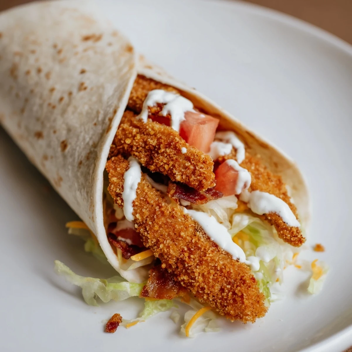 Golden brown crispy chicken bacon ranch wraps, bursting with fresh veggies and creamy dressing, ready to eat.