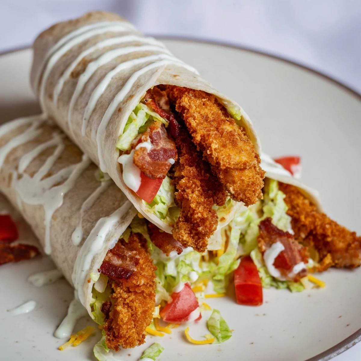 A delicious, close-up view of a perfectly assembled crispy chicken bacon ranch wrap, cut in half.