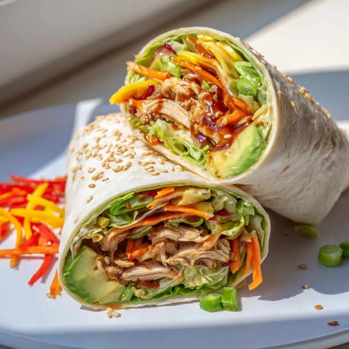 Tender teriyaki chicken wrap, bursting with colorful veggies, perfectly rolled and ready to eat.