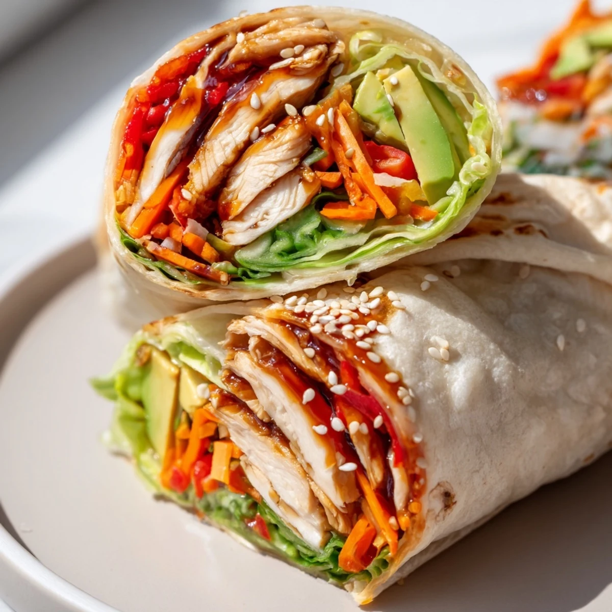 A close-up view of a delicious teriyaki chicken wrap, ideal for a quick and satisfying lunch.