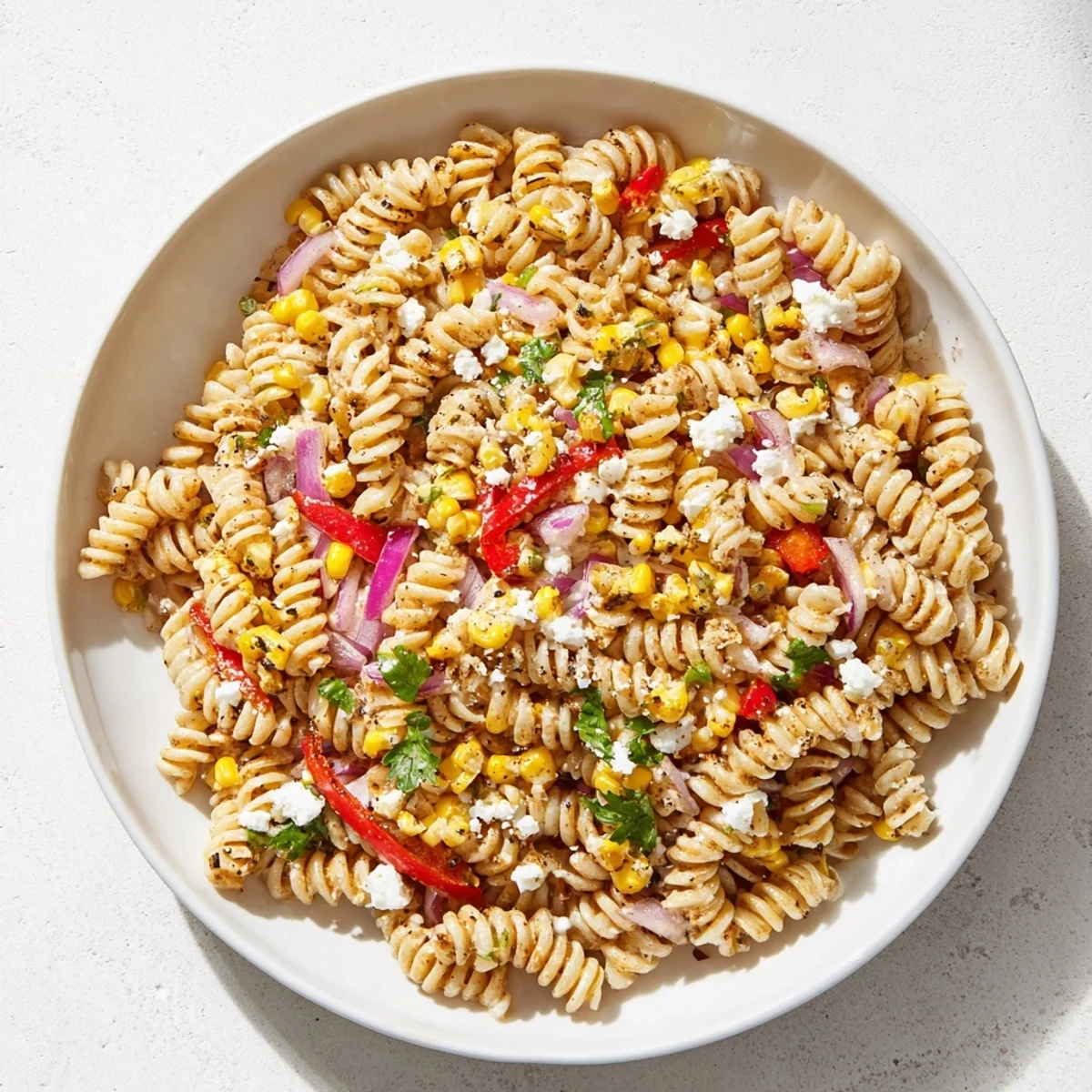 Healthy Mexican Street Corn Pasta Salad with charred corn, creamy yogurt dressing, and fresh cilantro.