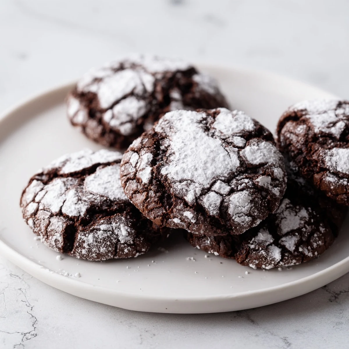 Image of air-fried chocolate crinkle cookies: crackled, powdered sugar tops on a plate.