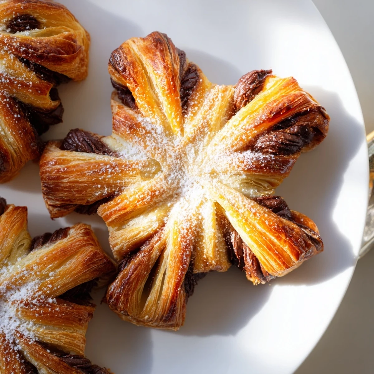 Golden, flaky Express Nutella Puff Pastry Snowflakes dusted with powdered sugar, perfect for a treat.