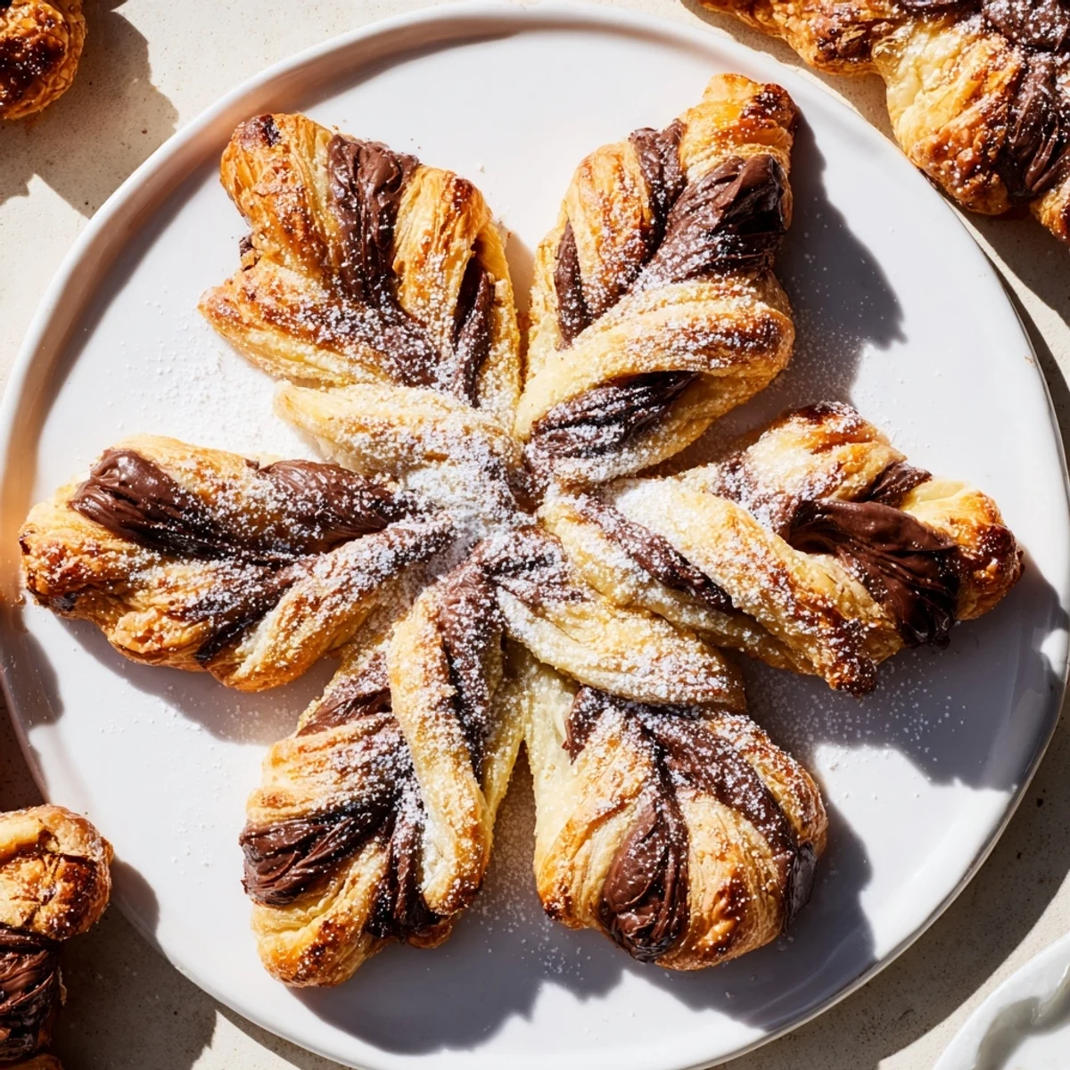 Warm, sweet Express Nutella Puff Pastry Snowflakes are ready to eat, a delightful holiday dessert.