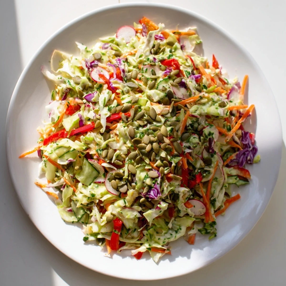 Vibrant Green Goddess Confetti Chop Slaw with colorful shredded vegetables and creamy dressing, perfect for any occasion.