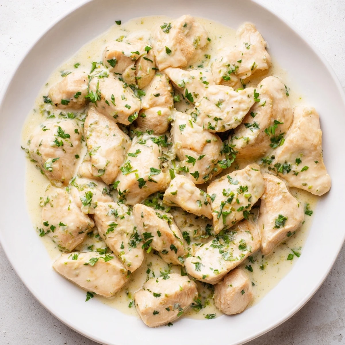 A close-up of Lighter Creamy Tarragon Chicken, showcasing the tender chicken and flavorful, herb-infused sauce.