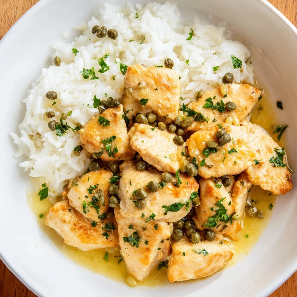 Golden-brown chicken piccata nestled on fluffy rice, bathed in a bright lemon sauce for a flavorful Express Chicken Piccata Rice Bowl.