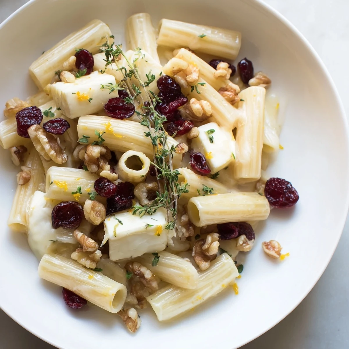 Creamy, melted Brie coats penne in this flavorful Baked Brie & Cranberry Pasta recipe photo.