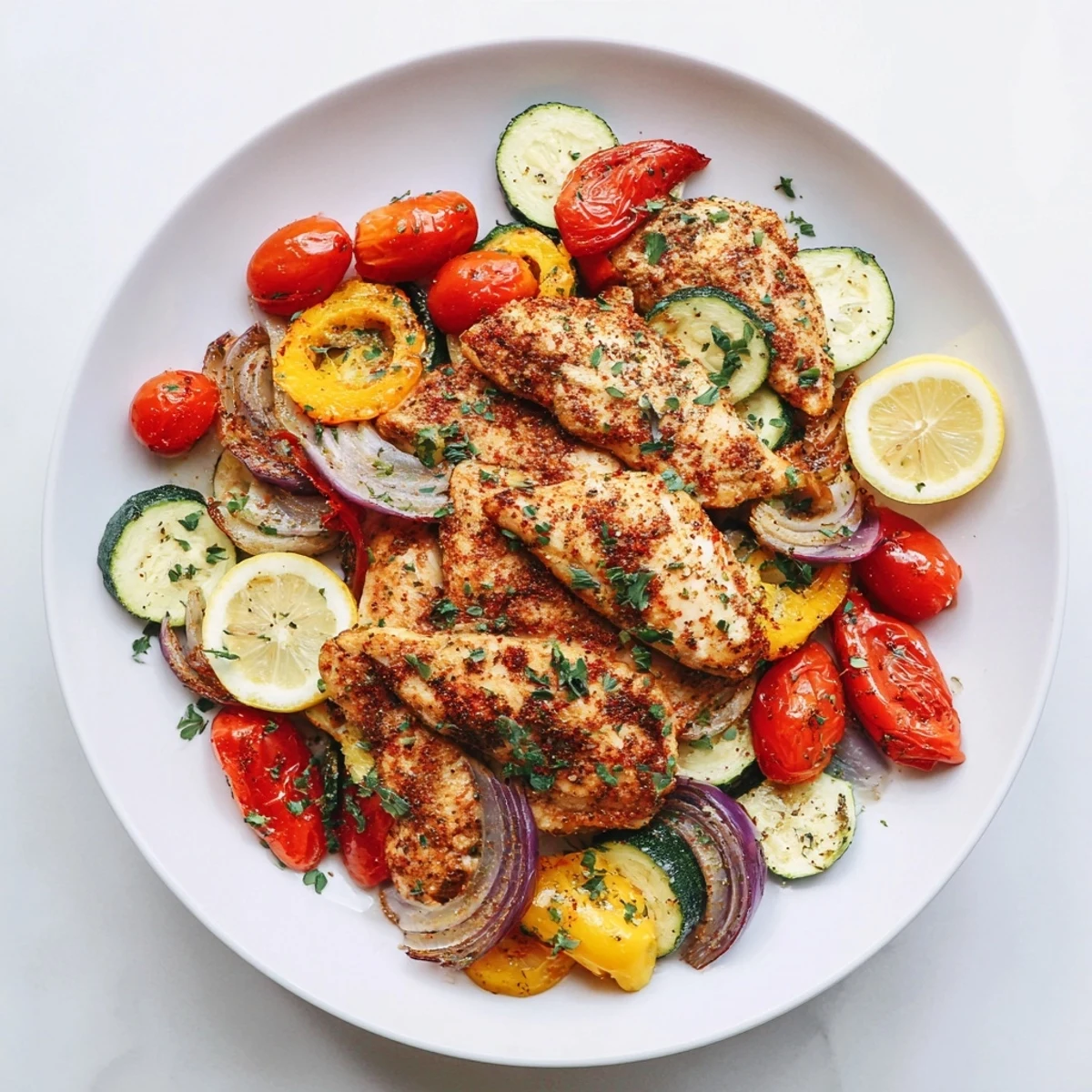 Vibrant sheet pan lemon oregano chicken cutlets, served with fresh herbs and lemon wedges.
