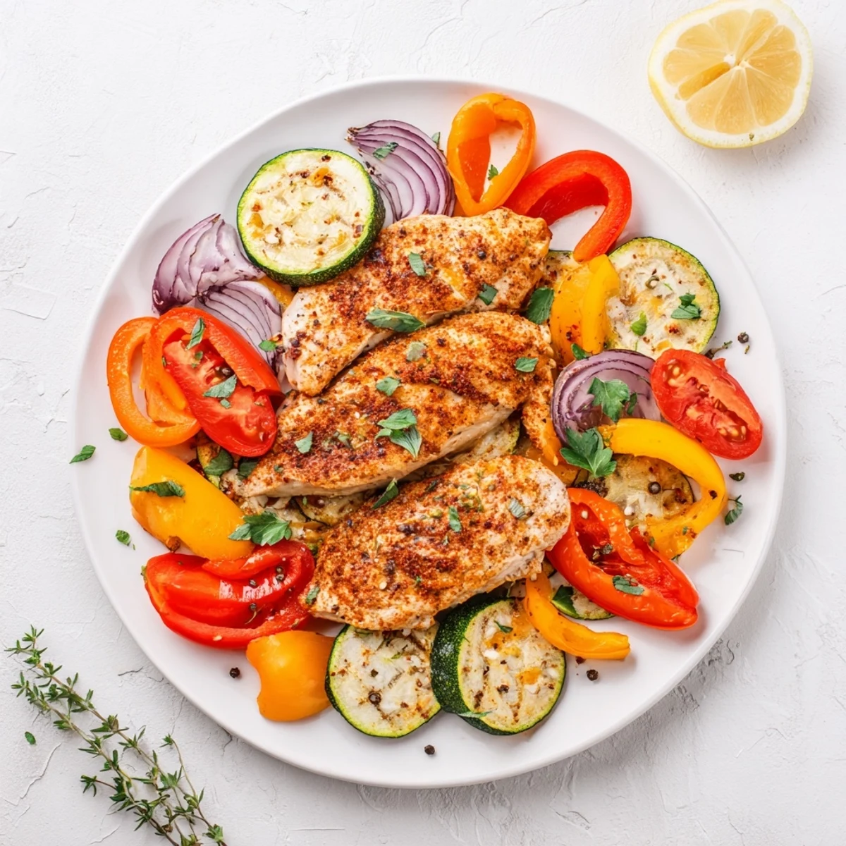 Golden sheet pan lemon oregano chicken cutlets, cooked with bell peppers and onions, ready to eat.