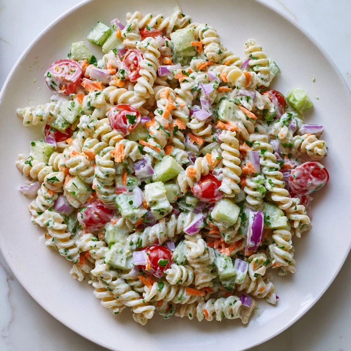 Creamy vegan hemp seed ranch dressing coats tender pasta and crisp vegetables in this colorful salad.