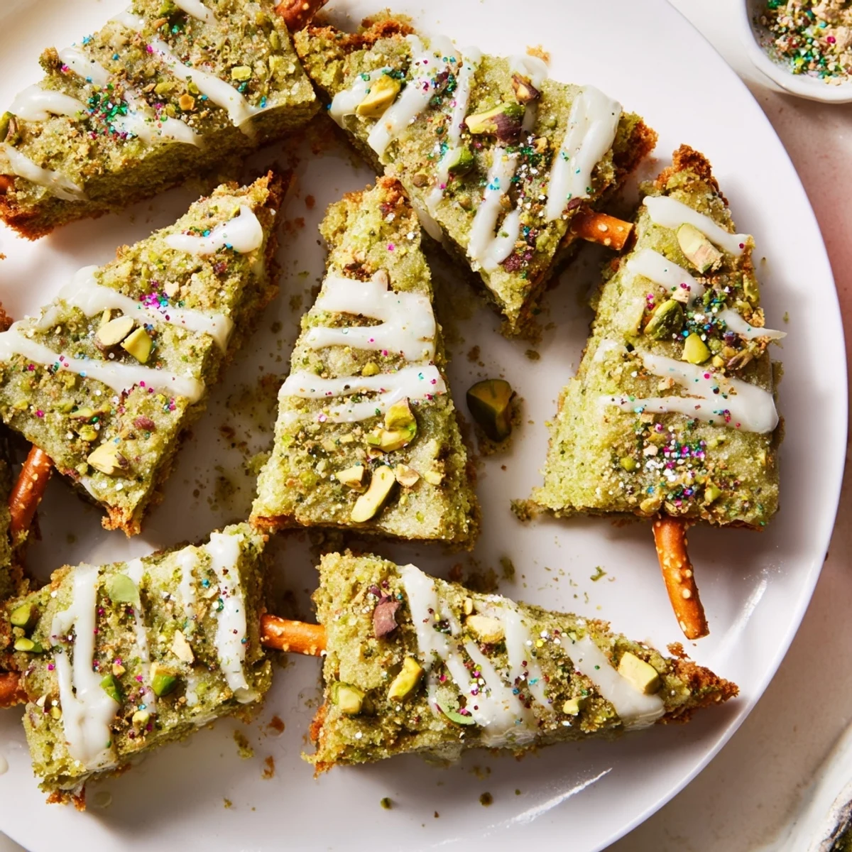 Freshly baked Matcha Pistachio Christmas Tree Blondie Bars are drizzled with white chocolate and decorated with festive sprinkles, perfect for sharing.