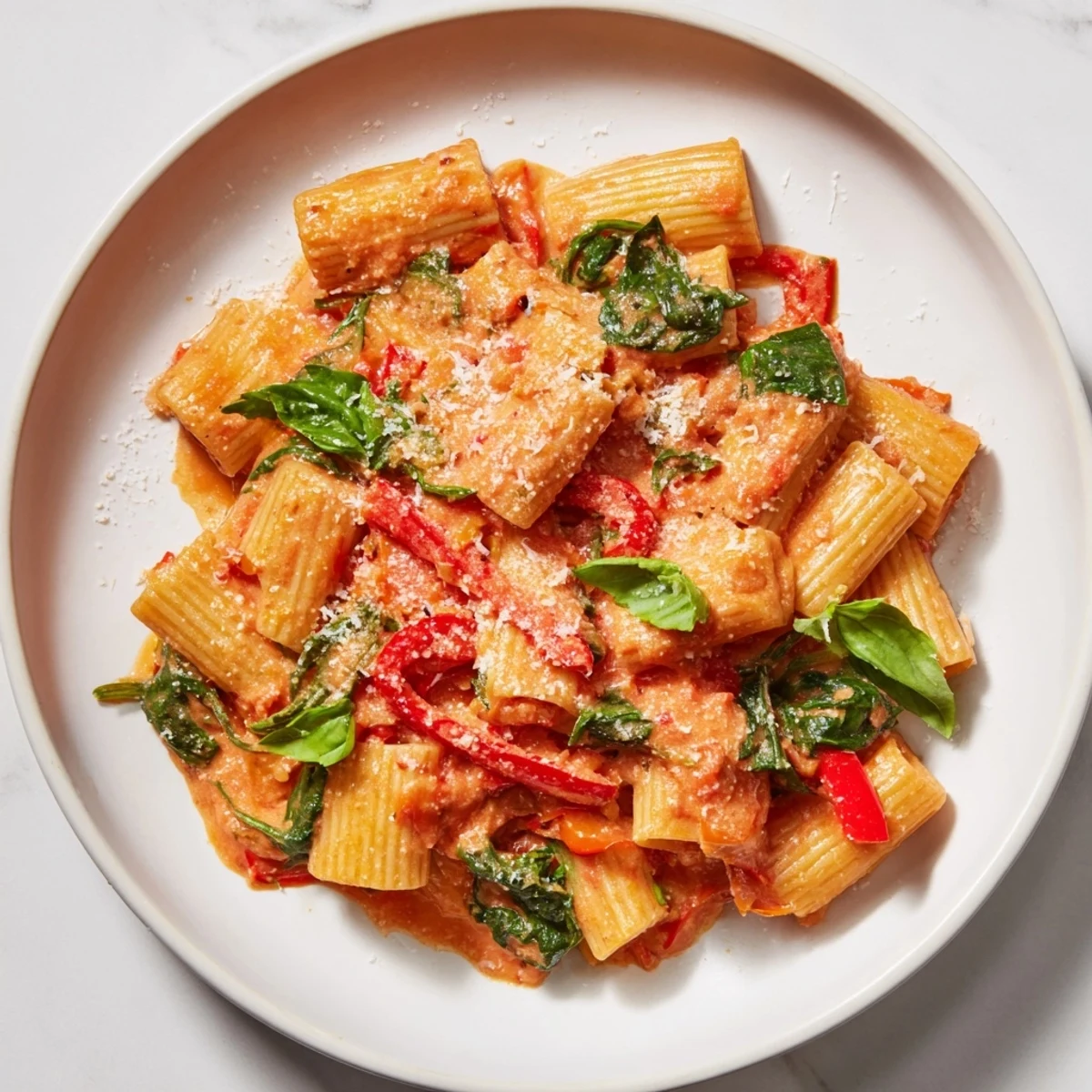 Festive Lightened-Up Vodka Rosé Christmas Pasta, vibrant red peppers and spinach in creamy sauce.