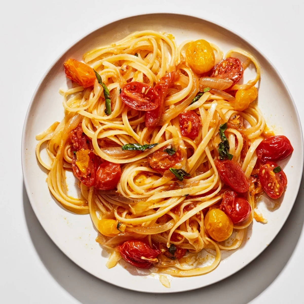Steaming bowl of Cozy Fireplace One-Pan Tomato Basil Pasta with fresh basil and Parmesan.