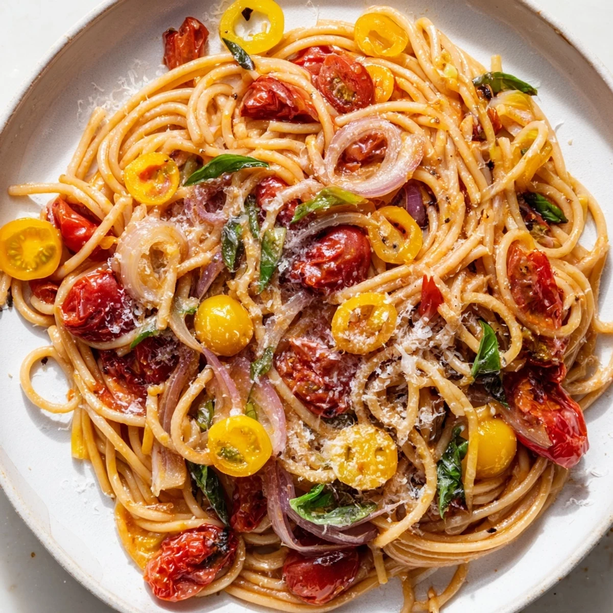 Vibrant image shows the delicious Cozy Fireplace One-Pan Tomato Basil Pasta, perfect for a weeknight meal.