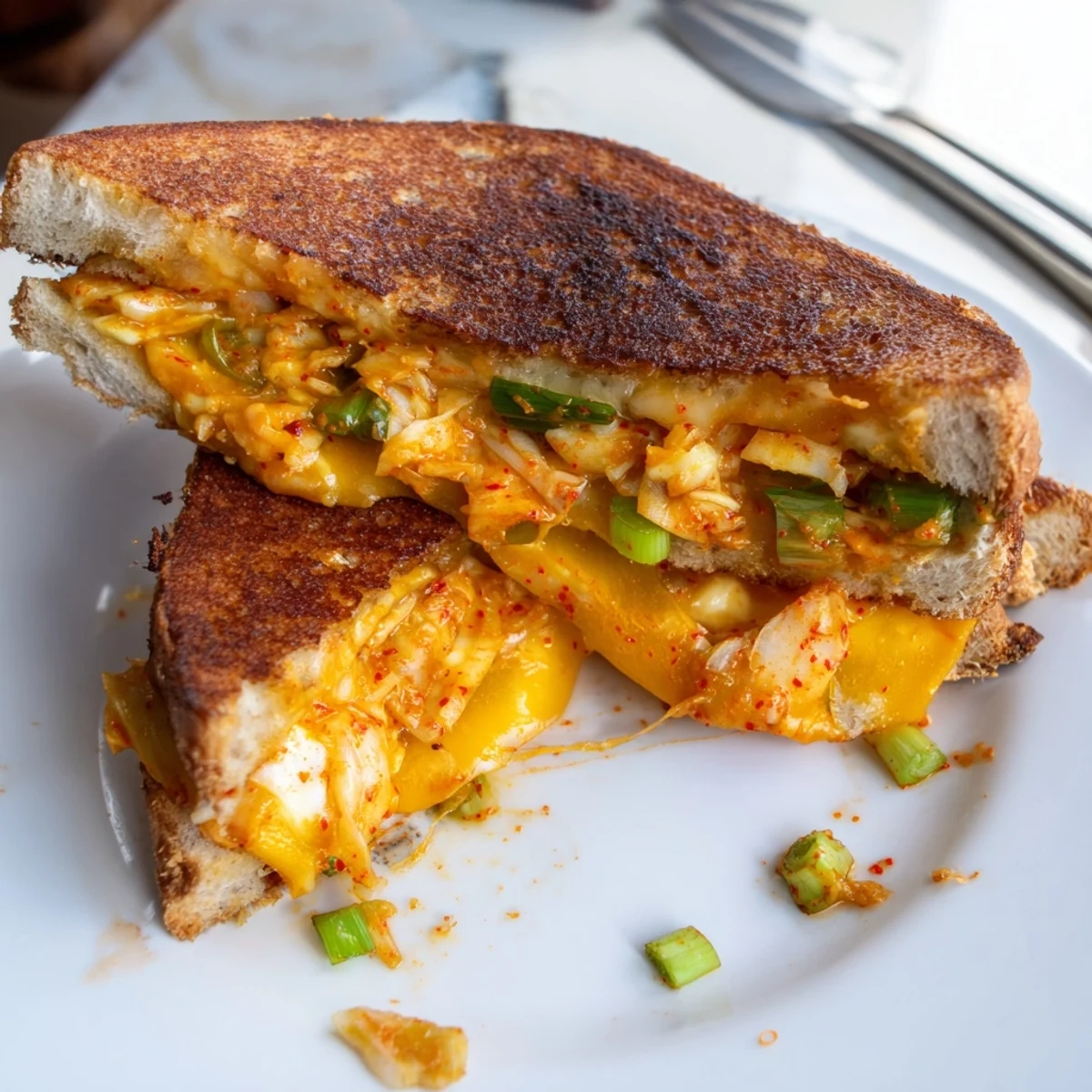 Golden, melty Skillet Kimchi & Cheddar Fusion Grilled Cheese, showcasing tangy kimchi and bubbling cheese.