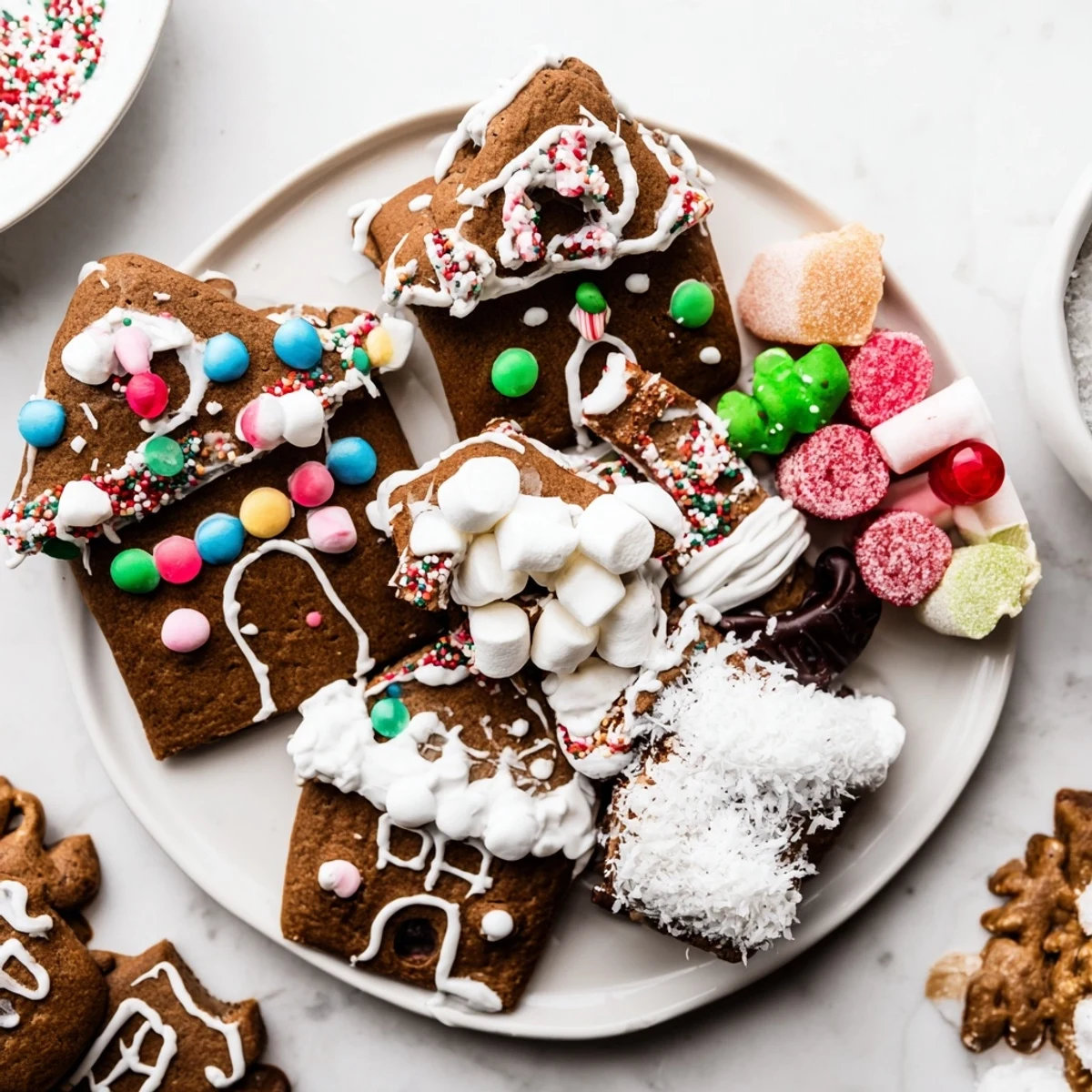 A delightfully arranged Gingerbread House Board, complete with colorful candies and gingerbread pieces ready for building.