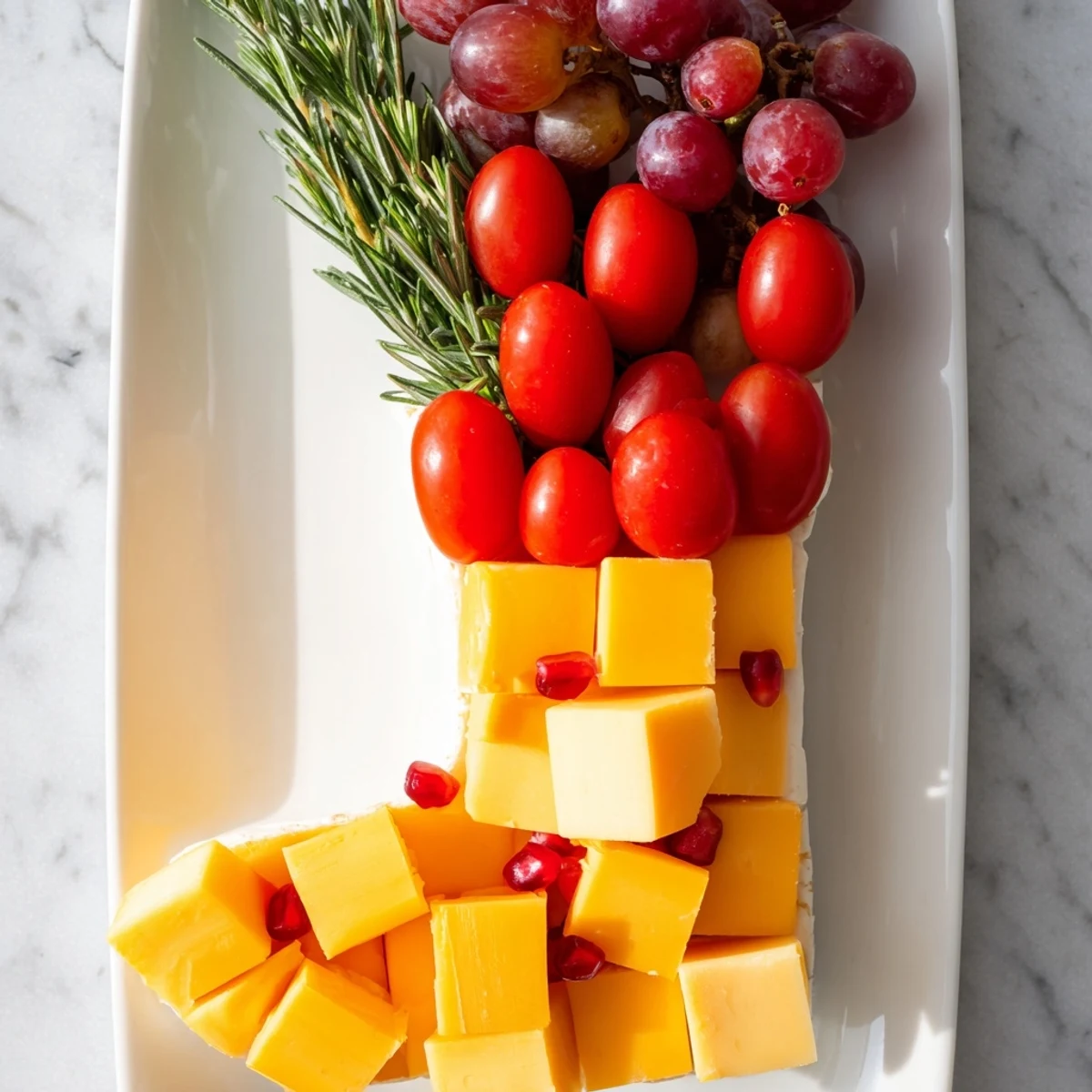 Christmas Stocking Snack Tray with colorful tomatoes, grapes, and cheese arranged festively for the holidays.